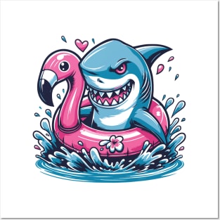 Shark & Flamingo Pool Party Summer Fun Beach Humor Posters and Art